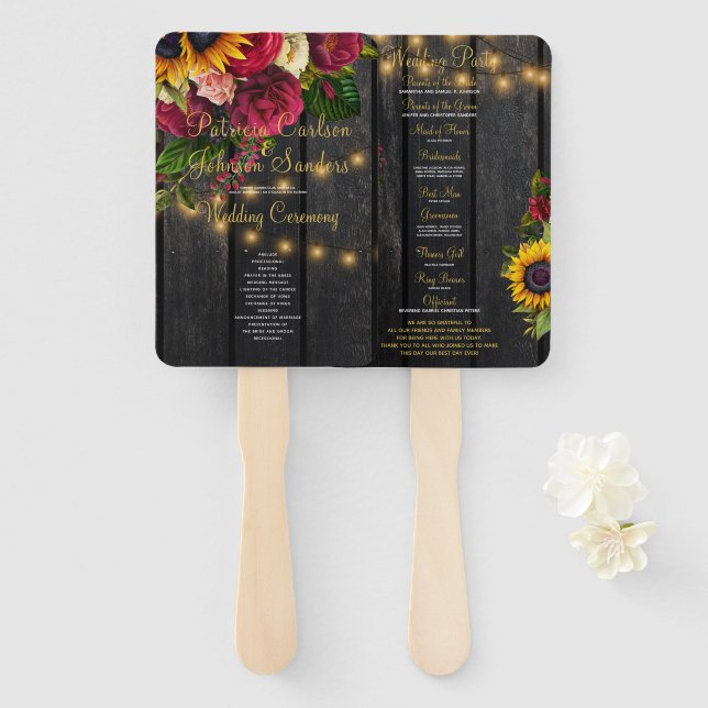 Floral rustic wood gold lights wedding ceremony hand fan (Front and Back)