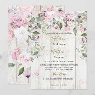 Floral Rustic Wood Gold Pink Wedding Invitation