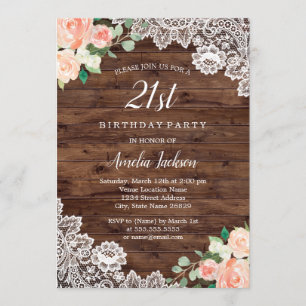Floral Rustic Wood Lace 21st Birthday Invitation
