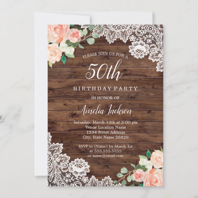 Floral Rustic Wood Lace 50th Birthday Invitation (Front)