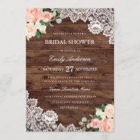 Floral Rustic Wood Lace Bridal Shower Invitation