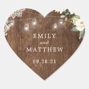 Floral Rustic Wood Lace String Lights Mason Jar Heart Sticker