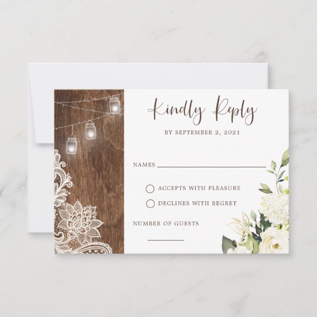Floral Rustic Wood Lace String Lights Mason Jar Invitation (Front)