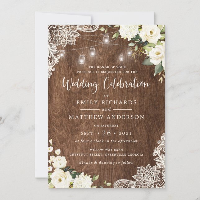 Floral Rustic Wood Lace String Lights Mason Jar Invitation (Front)