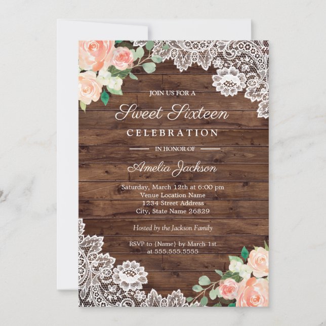 Floral Rustic Wood Lace Sweet Sixteen Invitation (Front)