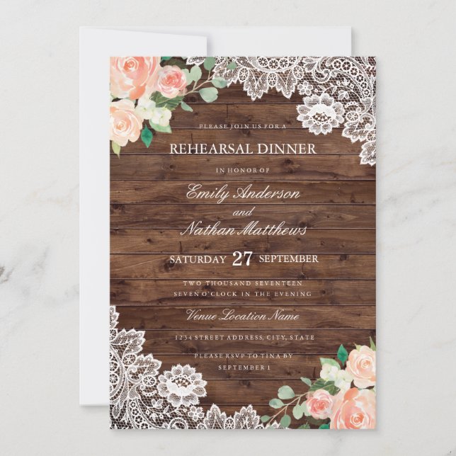 Floral Rustic Wood Lace Wedding Rehearsal Dinner Invitation (Front)