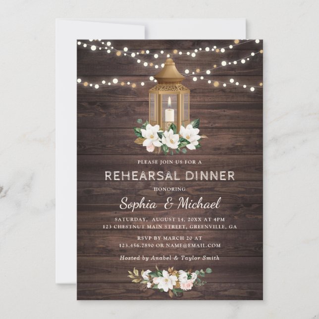 Floral Rustic Wood Lantern Magnolia String Lights Invitation (Front)