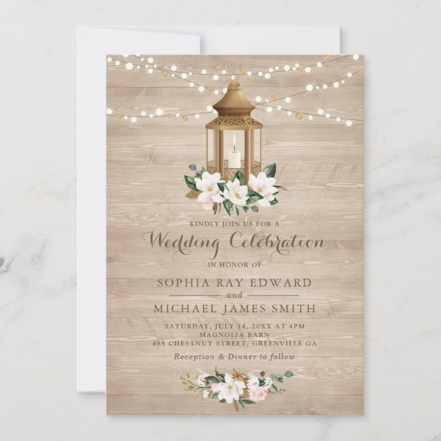 Floral Rustic Wood Lantern Magnolia String Lights Invitation (Front)