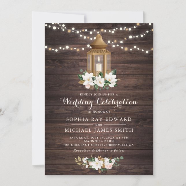 Floral Rustic Wood Lantern Magnolia String Lights Invitation (Front)