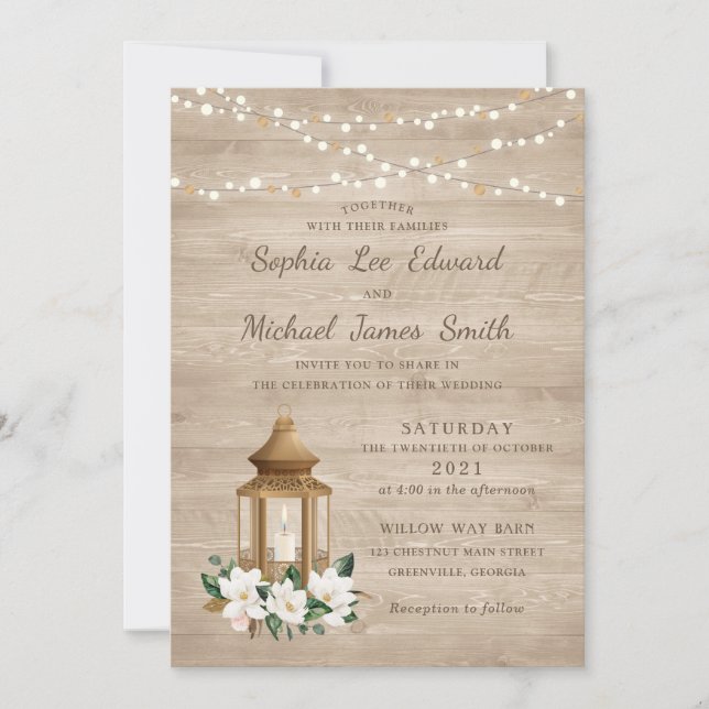 Floral Rustic Wood Lantern Magnolia String Lights Invitation (Front)