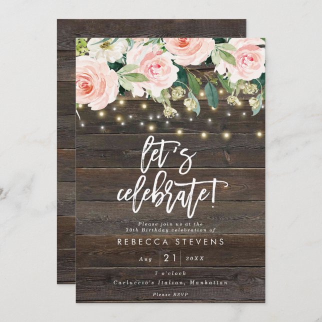 floral rustic wood let's celebrate birthday invitation (Front/Back)