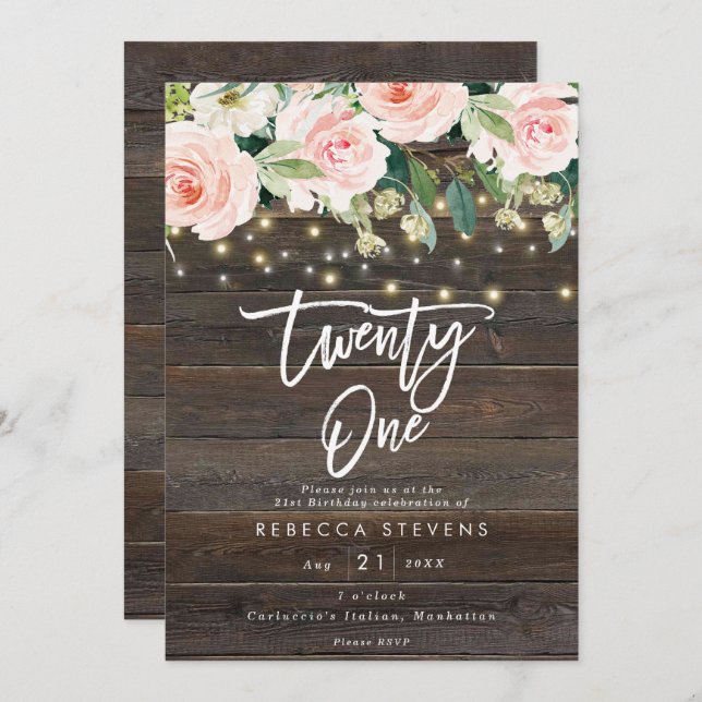 floral rustic wood lights 21st birthday invitation (Front/Back)