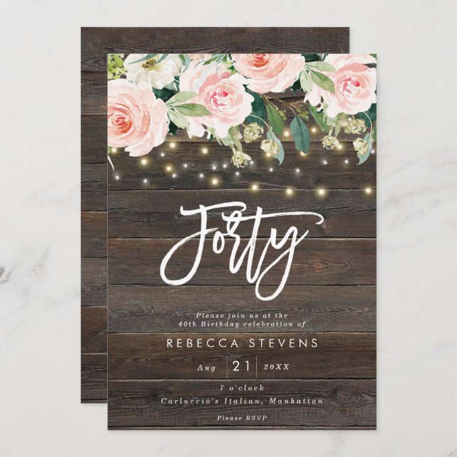 floral rustic wood lights 40th birthday invitation (Front/Back)