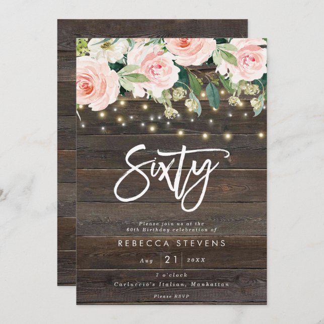 floral rustic wood lights 60th birthday invitation (Front/Back)