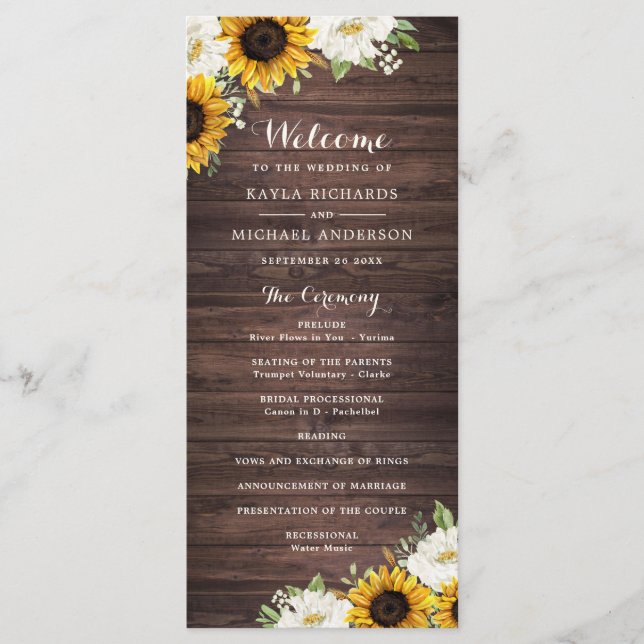 Floral Rustic Wood Sunflower Greenery Barn Wedding Program (Front)