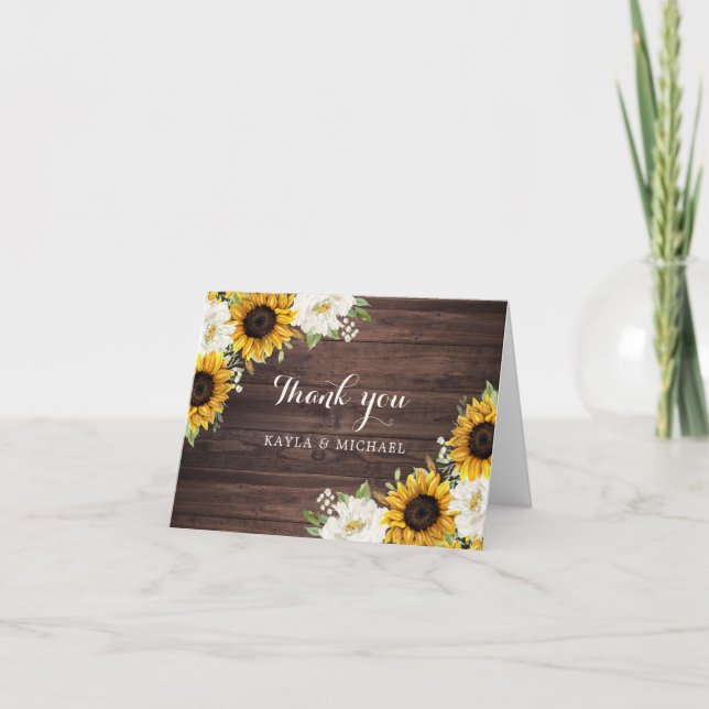 Floral Rustic Wood Sunflowers Greenery Barn White Thank You Card (Front)