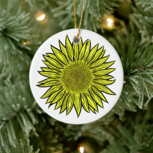 Floral Rustic Yellow Sunflower Hand Drawn Ceramic Ornament