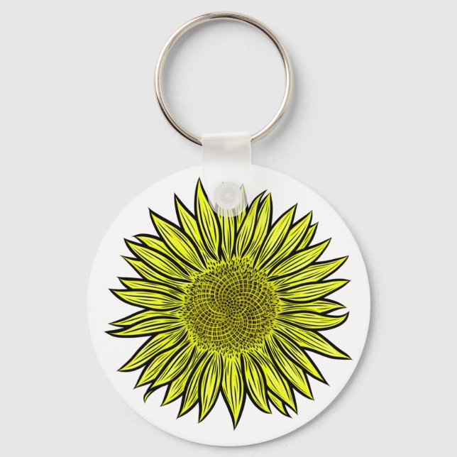 Floral Rustic Yellow Sunflower Hand Drawn Key Ring (Front)