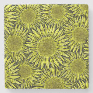 Floral Rustic Yellow Sunflower Hand Drawn Stone Coaster