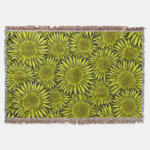 Floral Rustic Yellow Sunflower Hand Drawn Throw Blanket