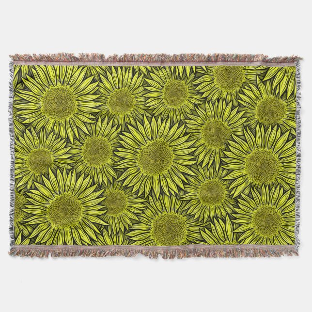 Floral Rustic Yellow Sunflower Hand Drawn Throw Blanket (Front)