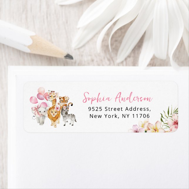 Floral safari animals baby shower return address label (Insitu)