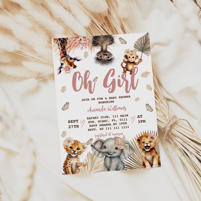 Floral Safari Animals Girl Baby Shower Invitation (Creator Uploaded)