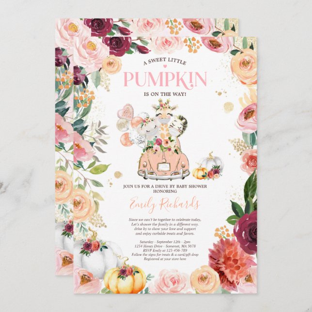 Floral Safari Animals Pumpkin Drive By Baby Shower Invitation (Front/Back)