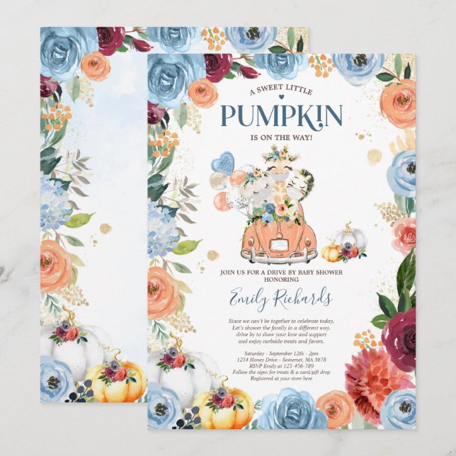 Floral Safari Animals Pumpkin Drive By Baby Shower Invitation (Front/Back)