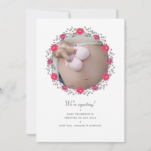 Floral Safari Photo Pregnancy Announcement Card (Front)