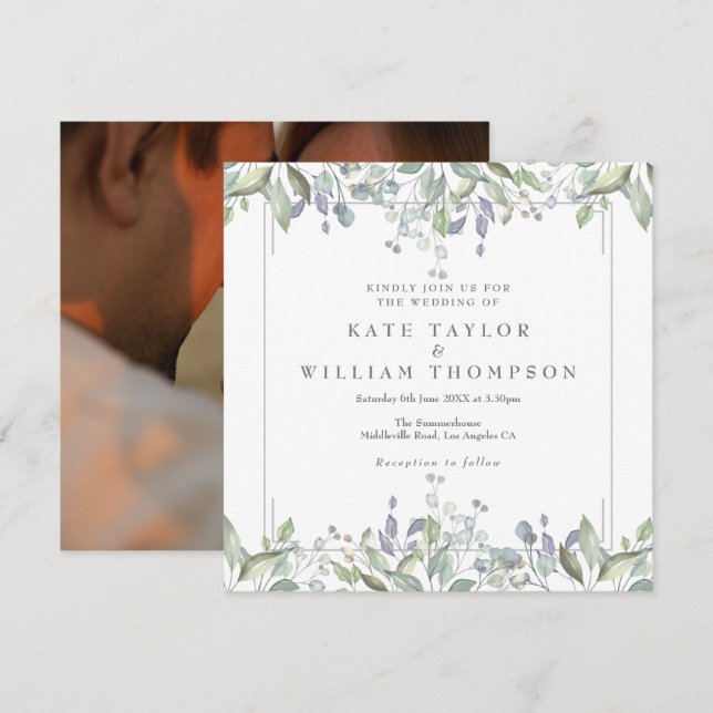 Floral Sage And Lilac Square Photo Wedding Invitation (Front/Back)