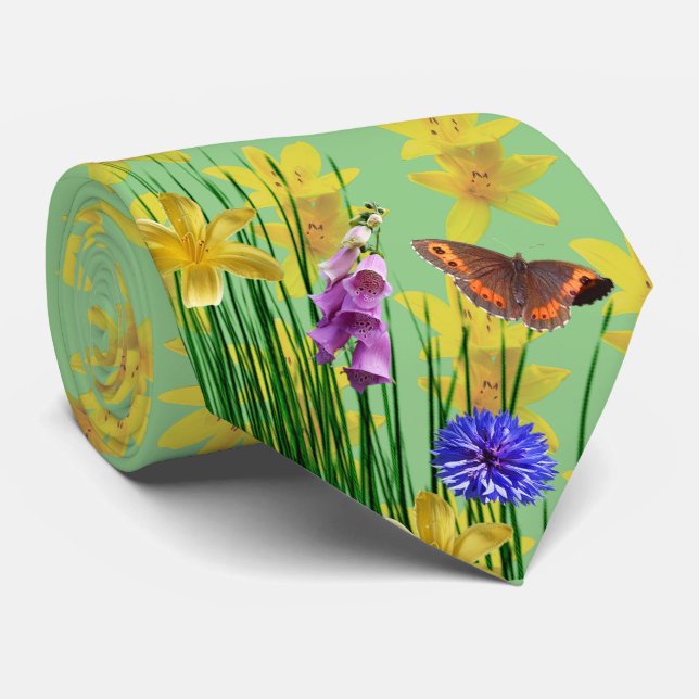 Floral Sage  Dragonfly Butterfly Neck Tie (Rolled)