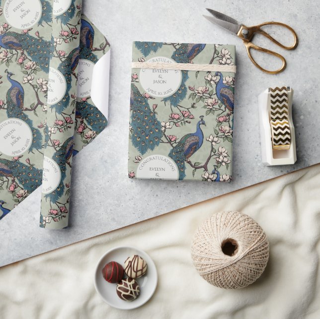 Floral Sage Engagement Peacocks Wrapping Paper (Crafts)