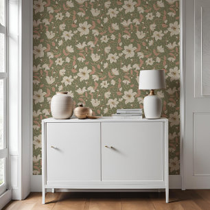 Floral Sage Green Beige Lily Botanical Pattern   Wallpaper