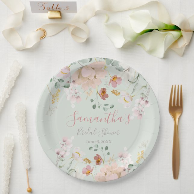 Floral Sage Green Blush Pink Elegant  Paper Plate (Wedding)