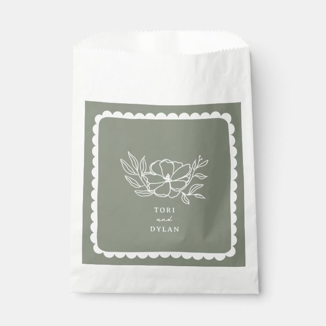 Floral Sage Green Botanical Scalloped Wedding Favour Bag (Front)