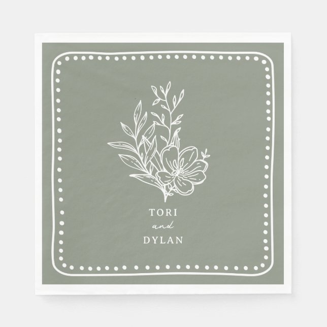 Floral Sage Green Bouquet Wedding Napkin (Front)