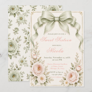 Floral Sage Green Coquette Bow Sweet Sixteen Invitation