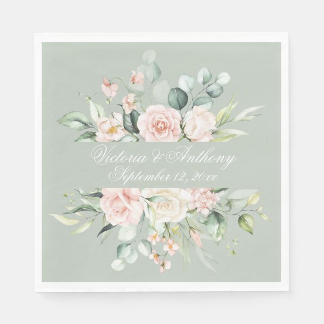 Floral Sage Green Elegant Script Name Wedding Napkin (Front)