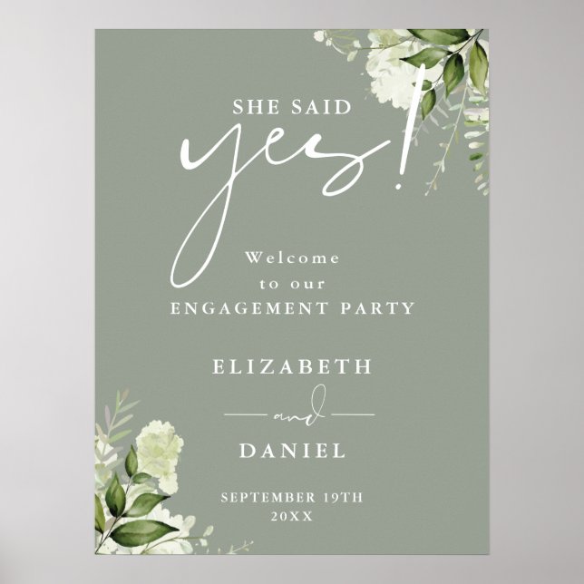Floral Sage Green Engagement Party Welcome Sign (Front)
