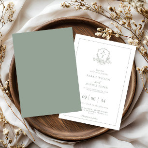 Floral Sage Green Leafy Crest Monogram Wedding Invitation
