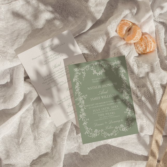 Floral Sage Green Monogram Boho All In One Wedding Invitation (Creator Uploaded)