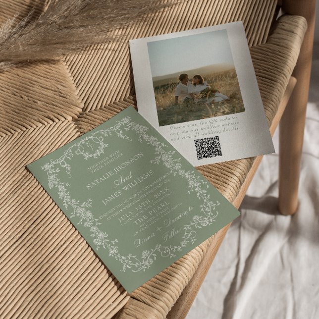 Floral Sage Green Monogram Photo QR Code Wedding Invitation (Creator Uploaded)