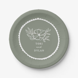Floral Sage Green Scalloped Wedding Paper Plate