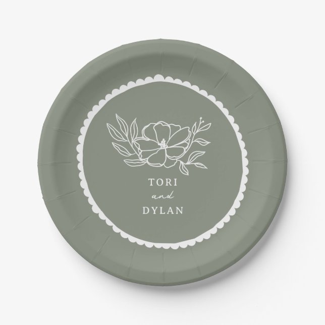 Floral Sage Green Scalloped Wedding Paper Plate (Front)