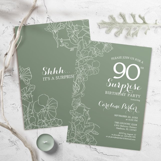 Floral Sage Green Surprise 90th Birthday Party Invitation (Creator Uploaded)