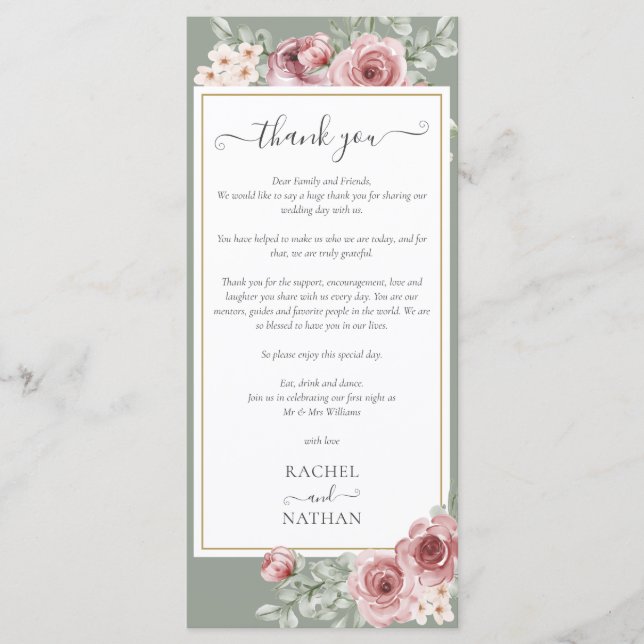 Floral Sage Green Wedding Thank You Place Card (Front)