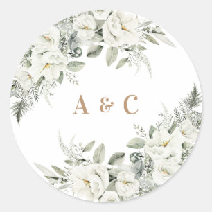 Floral Sage Green White Flowers Wedding Classic Round Sticker