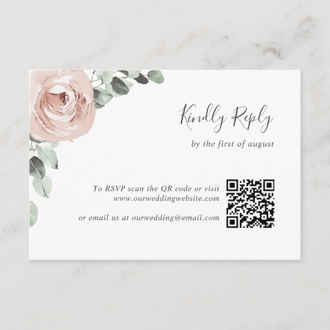 Floral Sage Greenery Dusty Rose QR Code Wedding RSVP Card (Front)