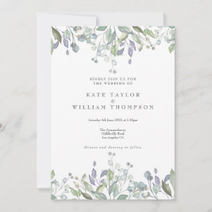 Floral Sage Lilac Greenery QR Code Wedding Invitation